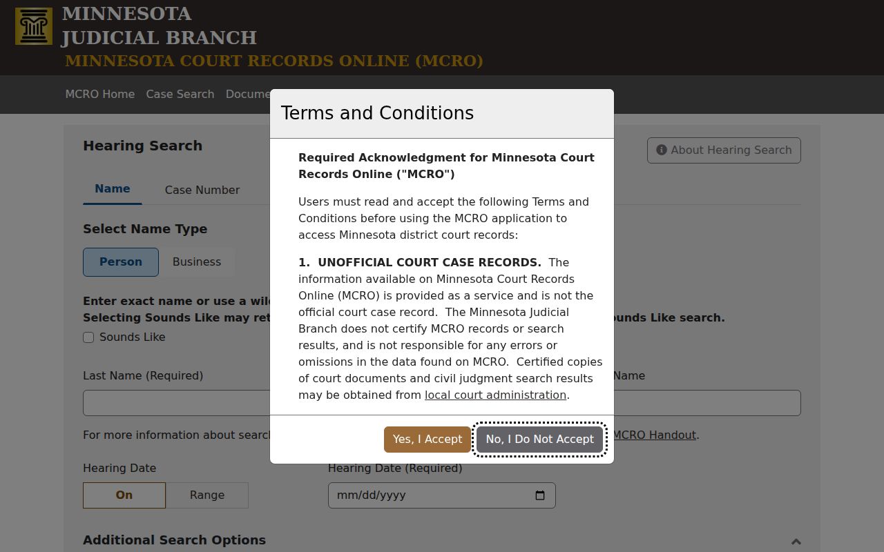 Pine County court docket hearing search interface