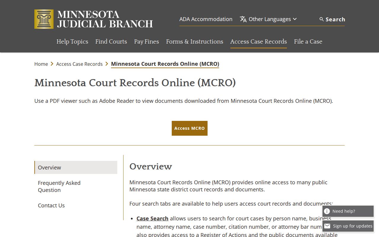 Pine County court docket MCRO public access overview