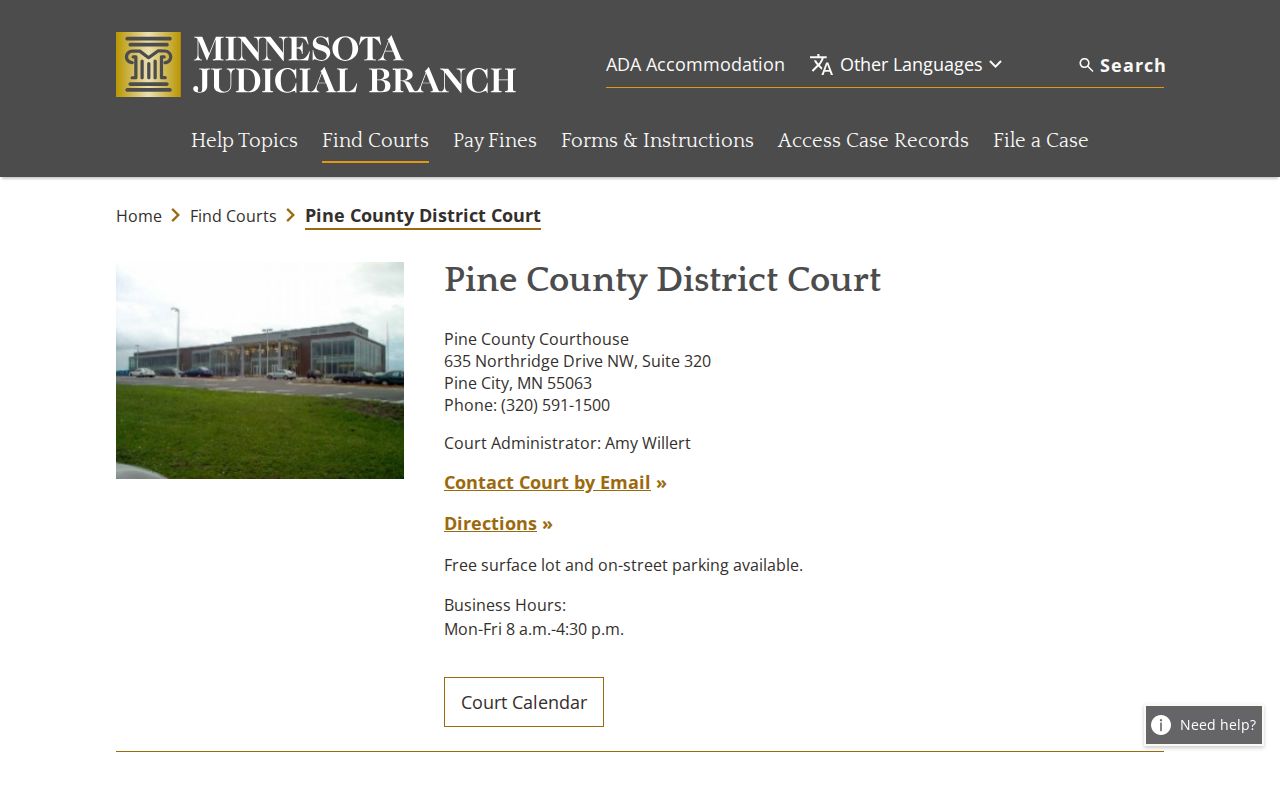 Pine County court docket District Court information page