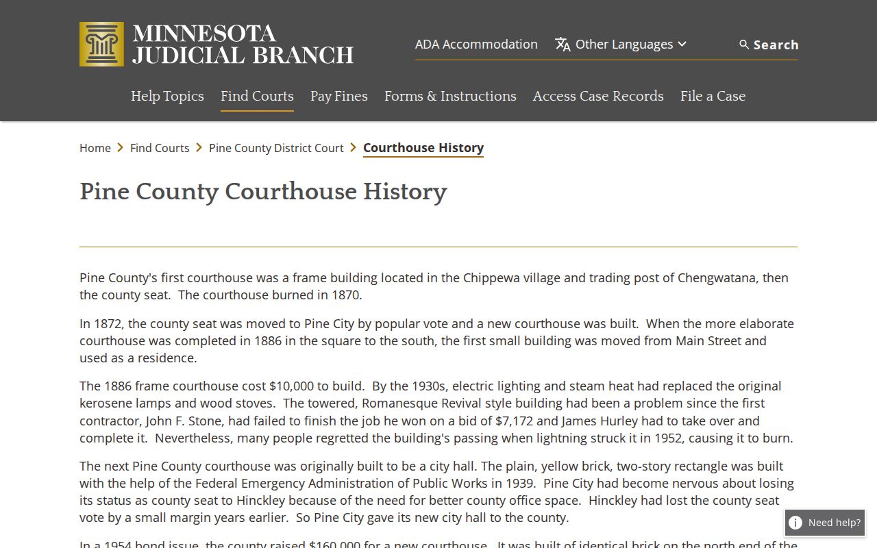 Pine County court docket courthouse history information