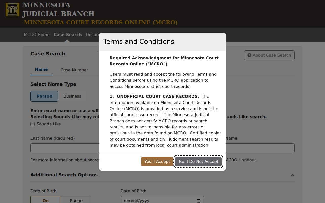 Pine County court docket MCRO Case Search interface