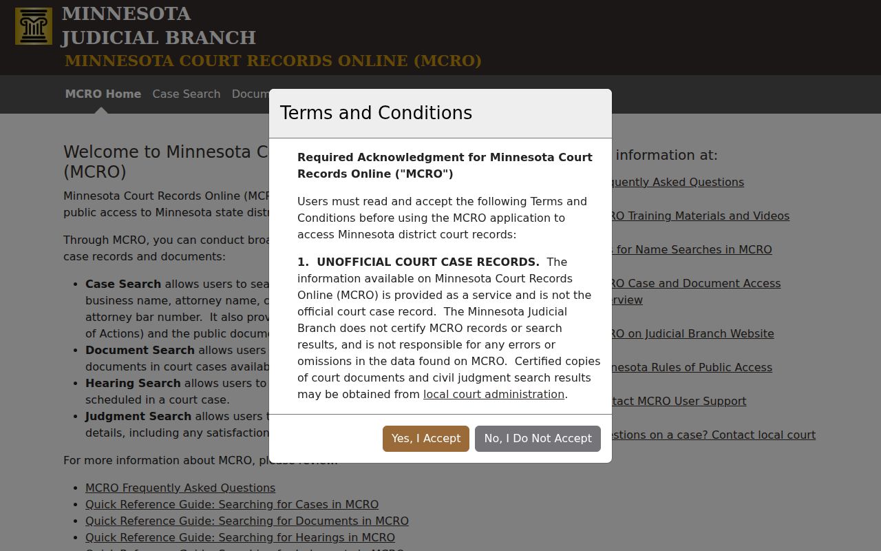 Pine County case search MCRO public access landing page