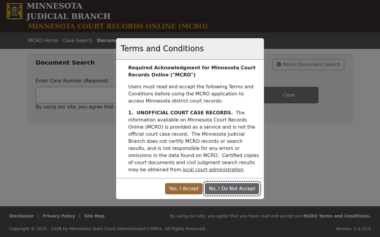 Pine County civil docket MCRO Document Search