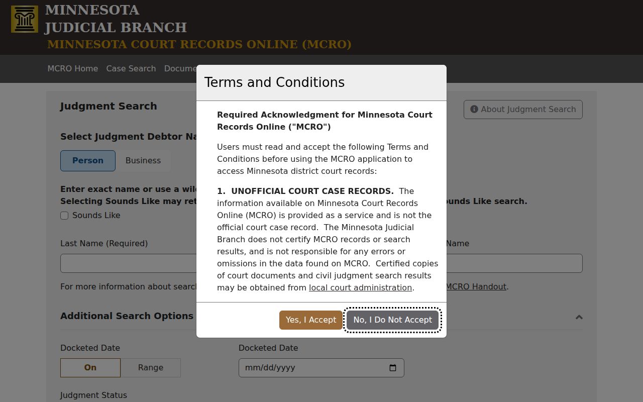 Pine County civil docket MCRO Judgment Search