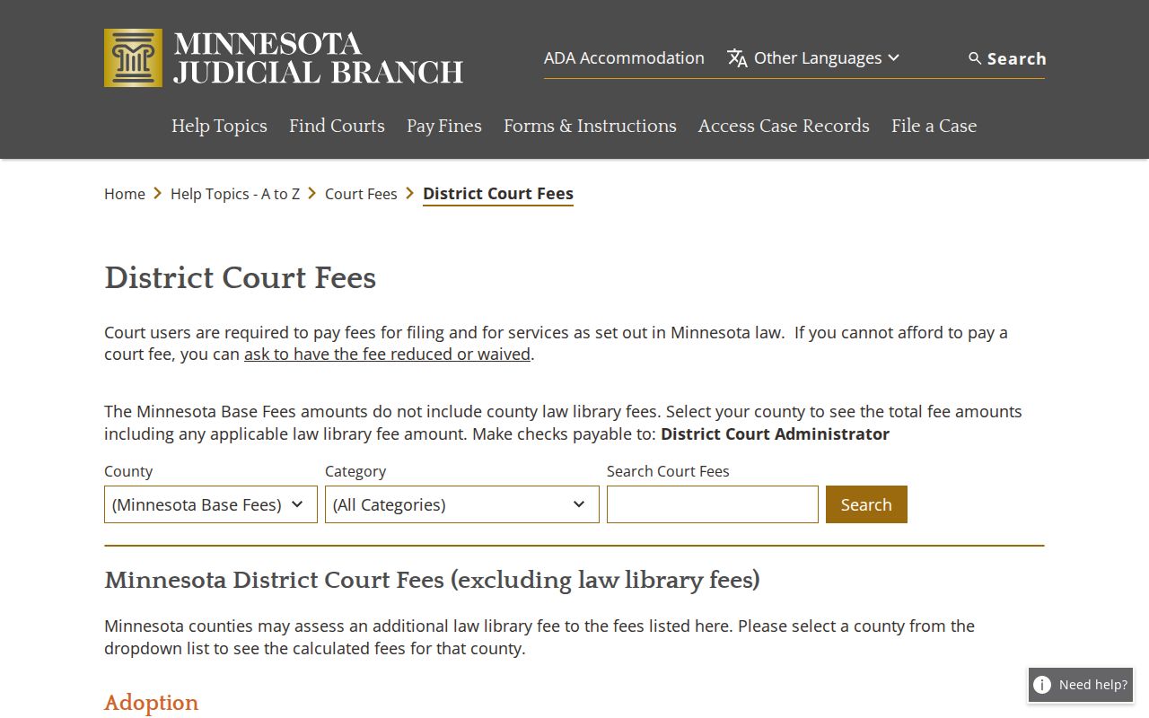 Pine County civil docket district court copy fees
