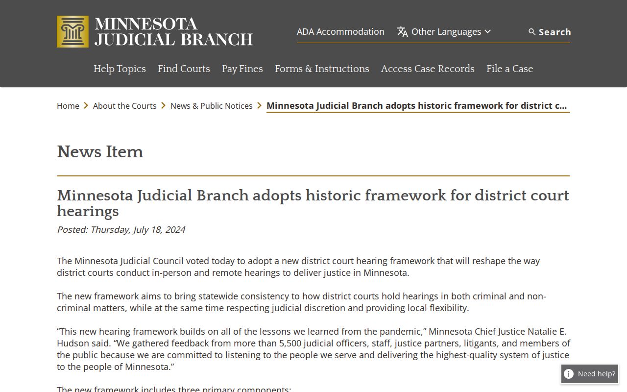 Pine County court calendar information from the Minnesota hearing framework