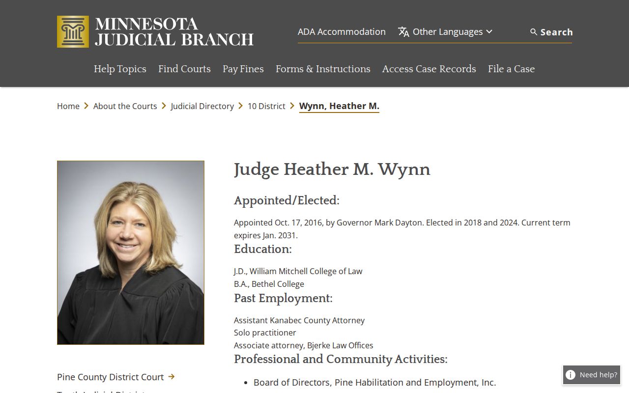 Pine County court calendar judicial officer information