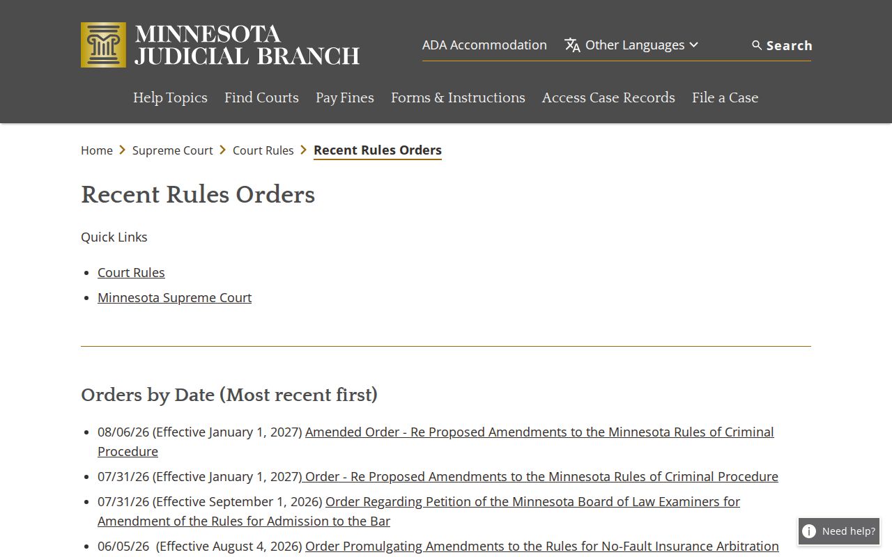 Pine County court calendar access rules and orders resource