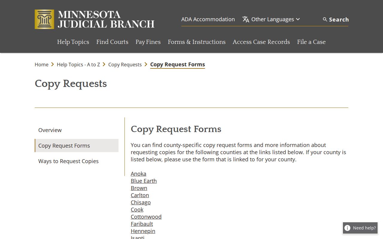 Pine County court records copy request forms