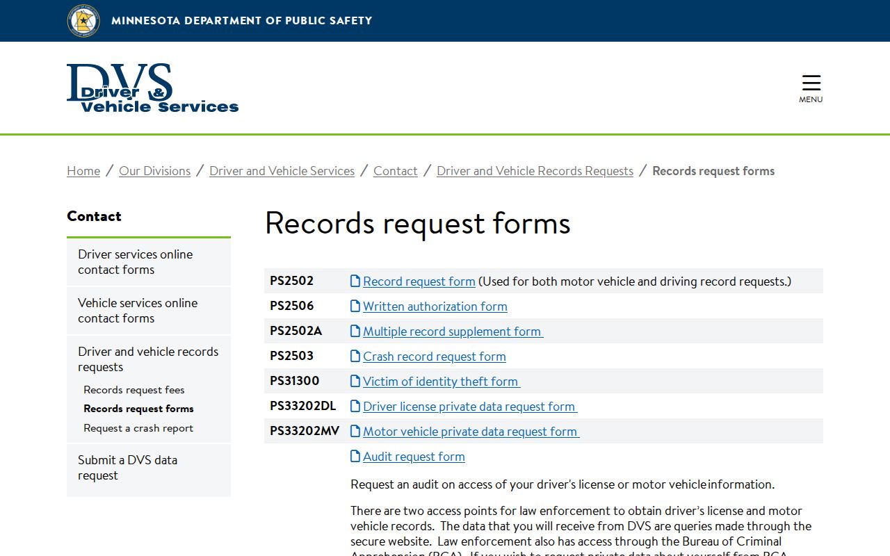 Pine County traffic court records DVS request forms distinction